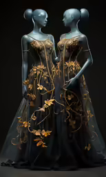 the dress is black and has gold floral design