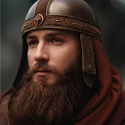 a man with a long beard and a leather helmet