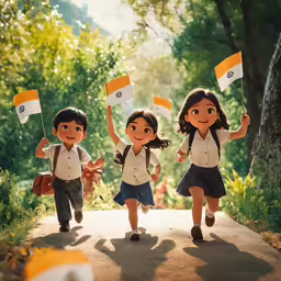 three little girls and two guys holding their american flags