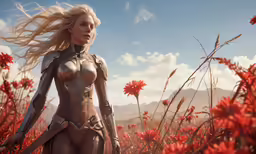 a blonde fantasy girl standing in front of red flowers