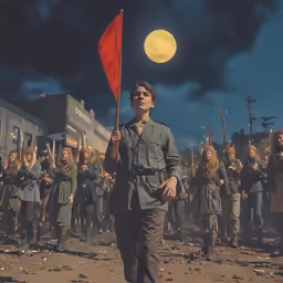 many people with red flags are on the side of the road