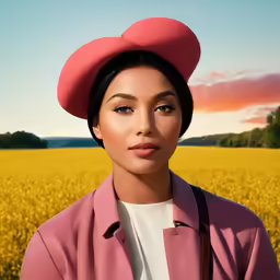 a young woman in a pink coat and a hat standing in front of a field of yellow flowers