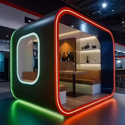 a room with a brightly colored booth and some tables