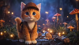 a little orange cat is sitting by some lights