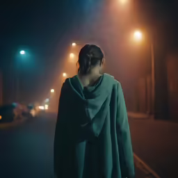 a woman standing on the street, dressed in blue jacket and cape looking at street lights