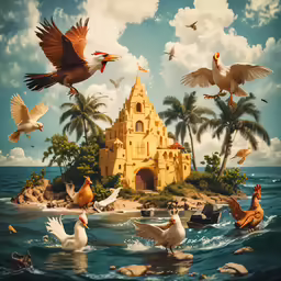 ducks and geese swimming in front of a beautiful beach