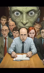 a painting of a man is above a group of people at a table