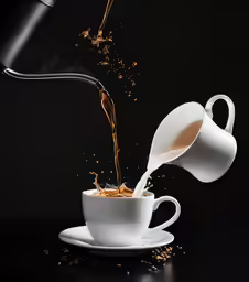 coffee spilling into cup with saucer and spoon