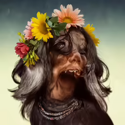 a creepy woman with florals on her head