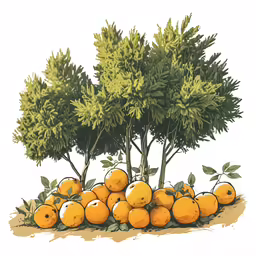 some yellow fruit is stacked up near some trees