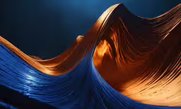 several curved orange and blue sheets on top of each other,a very large orange piece of art on display