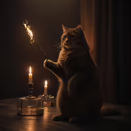 a cat sitting in front of candles holding a stick