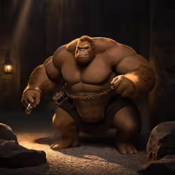 the gorilla is ready to fight in a scene with lights