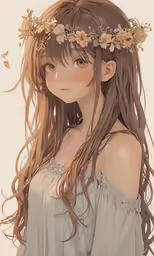an anime girl wearing long hair and a flower crown