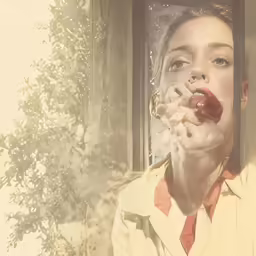 a young lady wearing a yellow shirt is eating something while looking out a window