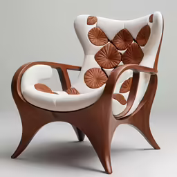 a chair with carved designs on the back and a wooden base