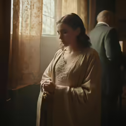 a woman standing near a window in a dress