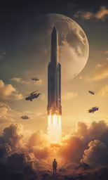 a person standing next to a space ship with the moon in the sky