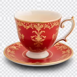 a red and gold cup and saucer on a white background