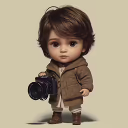 a young boy holding a camera and wearing an outfit