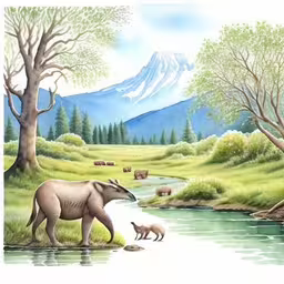 an image of a river in the forest with animals and mountains behind,a painting depicting a forest scene with animals by water and trees