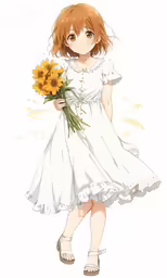 the girl is holding a bouquet of yellow flowers
