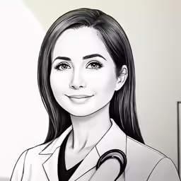 a drawing of a woman wearing a lab coat