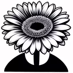 a drawing of a white and black sunflower,the face and front end of a sunflower is drawn in black and white,black and white image of a sunflower,a drawing of a large sunflower in a man