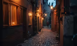 a cobblestone alley way at night with light on