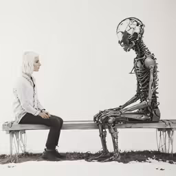 a person sitting on a bench next to a skeleton