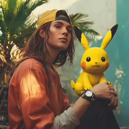 a woman holding a pokemon pikachu toy
