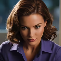 a woman with a purple shirt and blonde hair