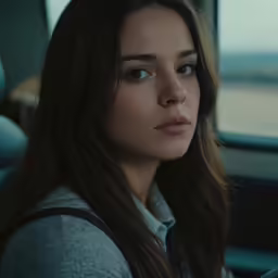 young lady looking off into the distance on her car seat