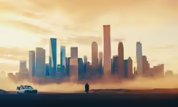 a car in front of a large city