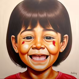 a painting of a smiling child with blood on its cheeks,a painting of a little girl smiling with red stitches on her cheek,the painting is of a young girl with an asian flag on her cheek,painting of a smiling little girl in red shirt,a painting of a girl with crying eyes