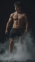 there is a shirtless man posing on a black background
