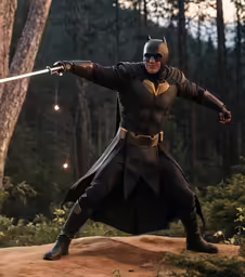 a batman with sword ready in action near trees