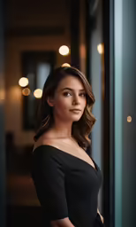 the woman in the black dress is posing for her professional picture