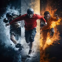 three color variations of two different images of men wearing helmets and clothing