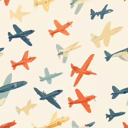 a white fabric with blue, yellow, red and orange planes on it