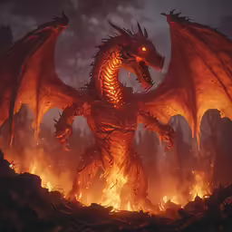 a dragon, fire with flames in the background