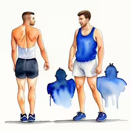 two men in blue and white trunks and black and white underwear,two men with blue and white shorts are facing each other,two men standing on one side wearing shorts and shirts,a watercolor painting with two men walking one wears a blue and white tank top the other has black shorts,a painting of two men facing each other, one wearing a blue tank top
