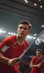 two young men in red tennis outfits playing together