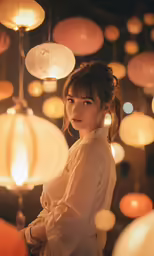 young woman standing in an eclectic room at night with lamps around her