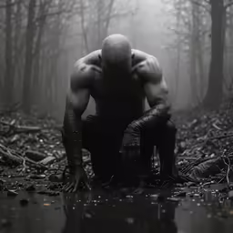 a man squats on a wooden trail in the forest