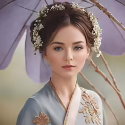 a girl in a blue and gold costume with an umbrella