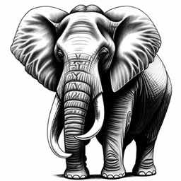 an elephant standing on top of a white background,an elephant standing in front of a white background,a big elephant that is walking away from the camera,an elephant with some kind of design on it,the drawing of an elephant is a black and white photo