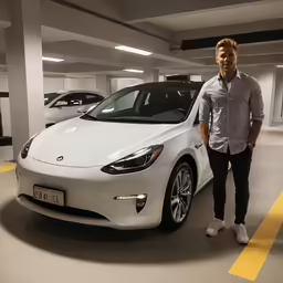 a man standing next to a car in a garage