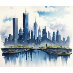 a painting of a small island in the middle of the water with a city skyline in the background