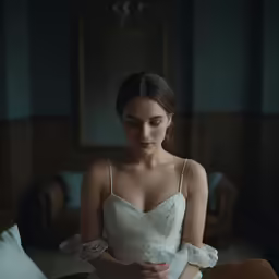 a woman wearing a bridal dress in a dark room